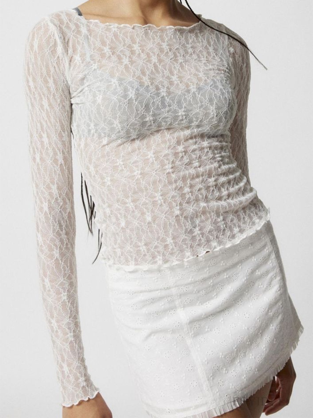 

LULU & SKY Women Fitted Sheer Lace Self Design Top, White