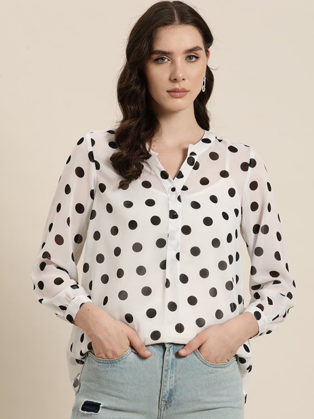

Qurvii Women Comfort Mandarin Collar Polka Dots Printed Casual Shirt, White