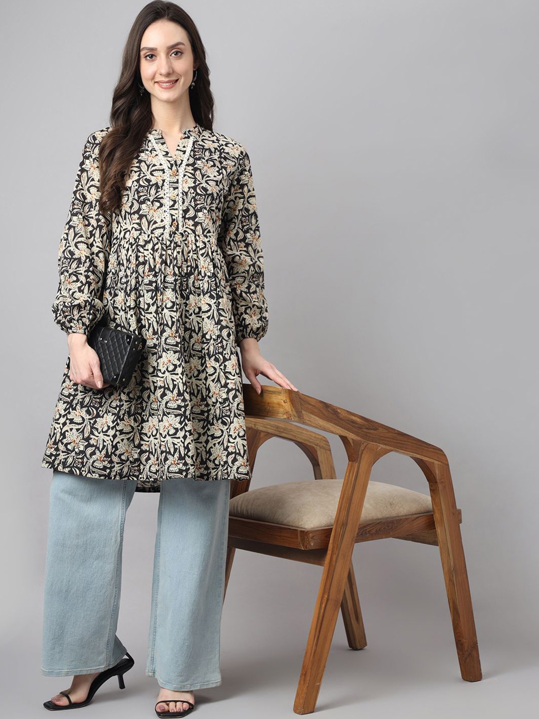 

KALINI Women Floral Printed Mandarin Collar Puff Sleeve Cotton Tunic, Black