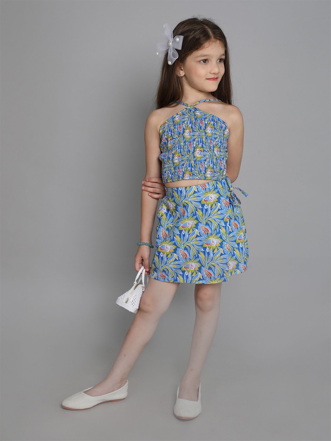 

taffykids Girls Floral Smocked Halter Neck Pure Cotton Casual Top With Skirt, Blue