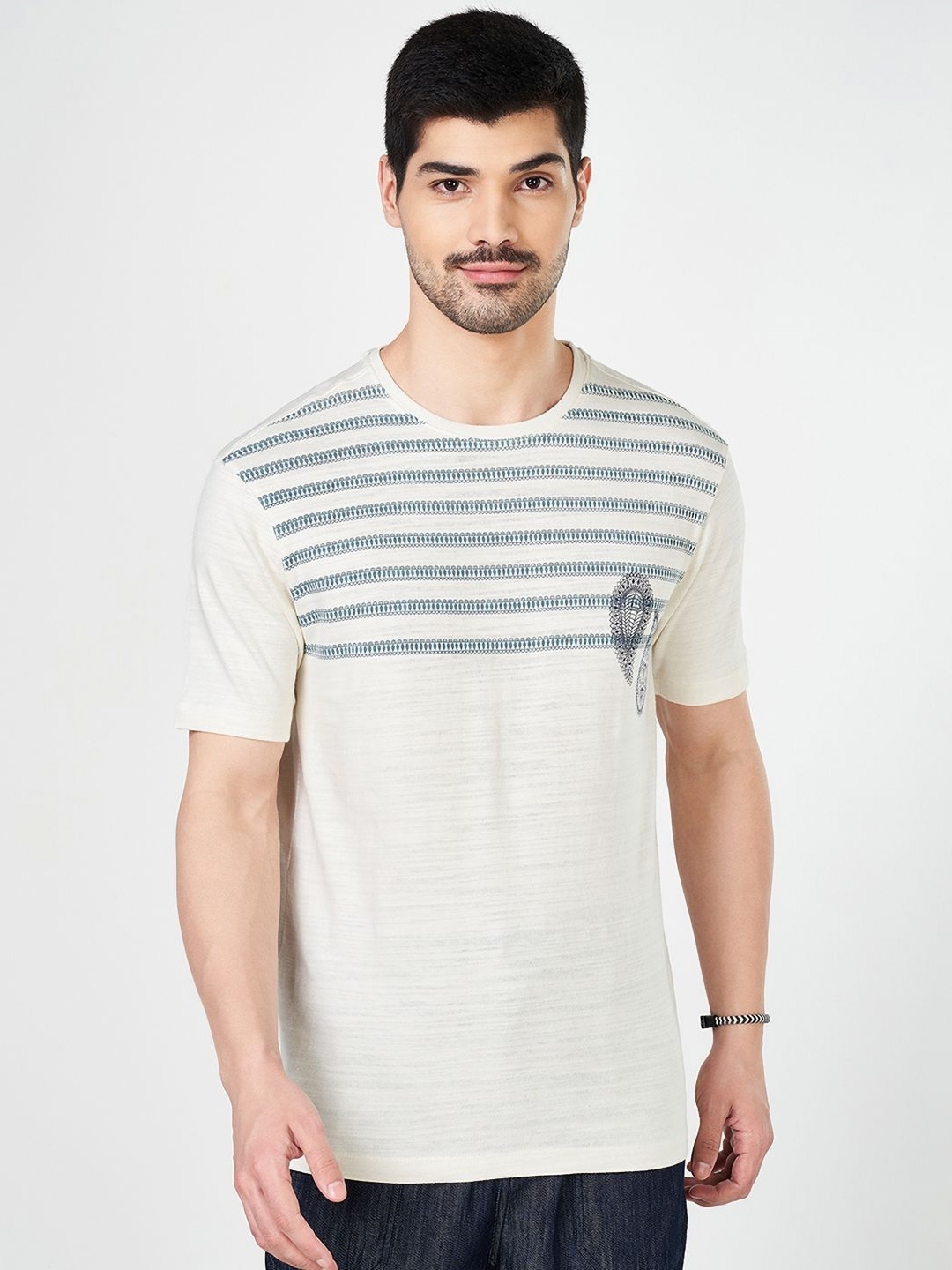

7 Alt by Pantaloons Men Printed Mandarin Collar Tropical Pockets T-shirt, Off white