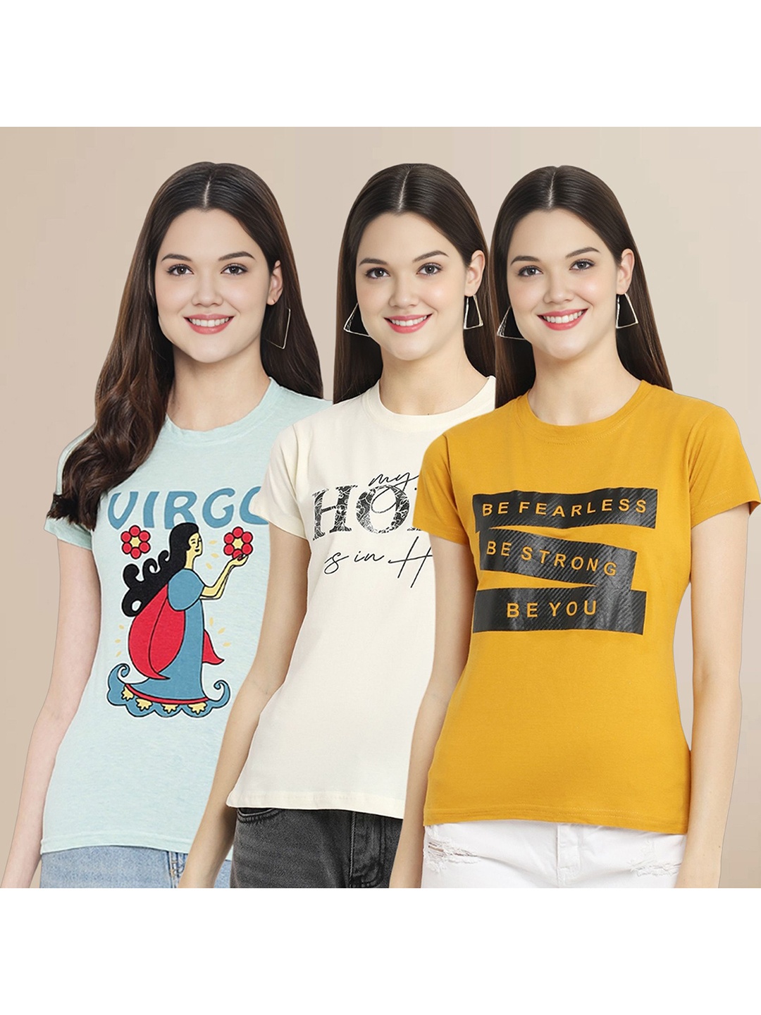 

Metronaut Women Pack Of 3 Typography Printed Round Neck Cotton T-shirts, Sea green