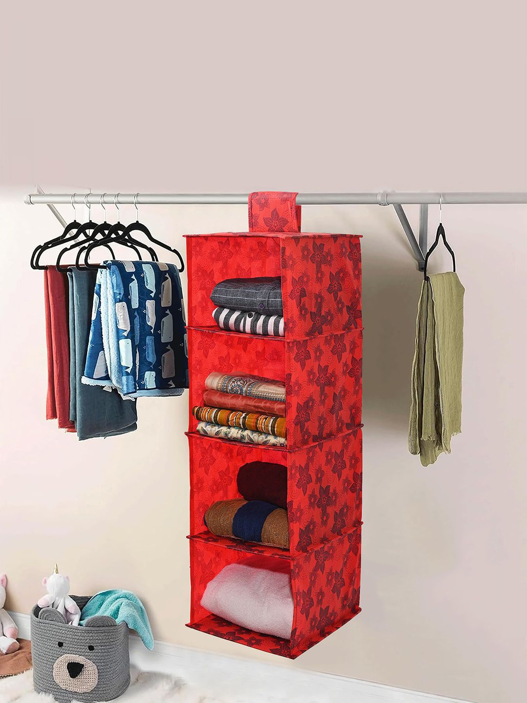 

Kuber Industries Red & Brown 2 Pieces Printed Hanging Closet 4-Tier Organizer