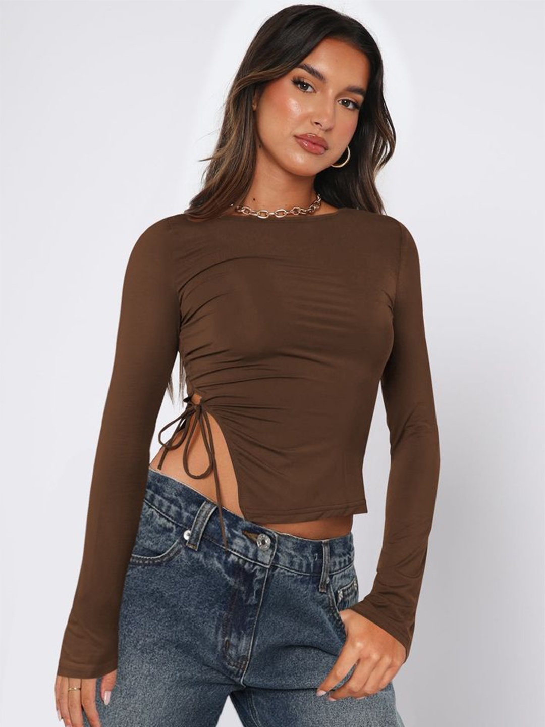 

LULU & SKY Women Side Slit Fitted Crop Top, Coffee brown