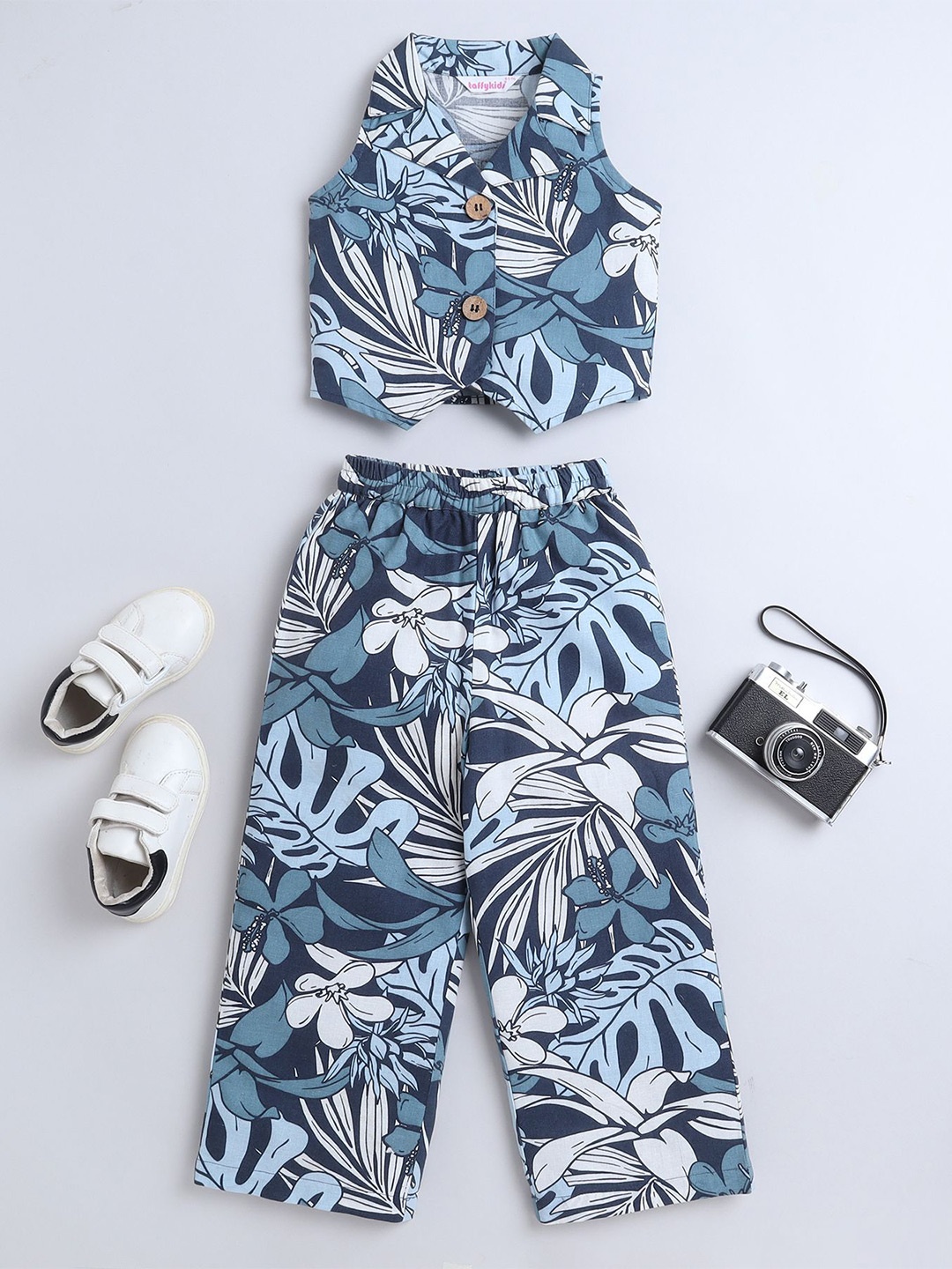

taffykids Girls Printed V-Neck Sleeveless Crop Vest With Matching Palazzo, Blue
