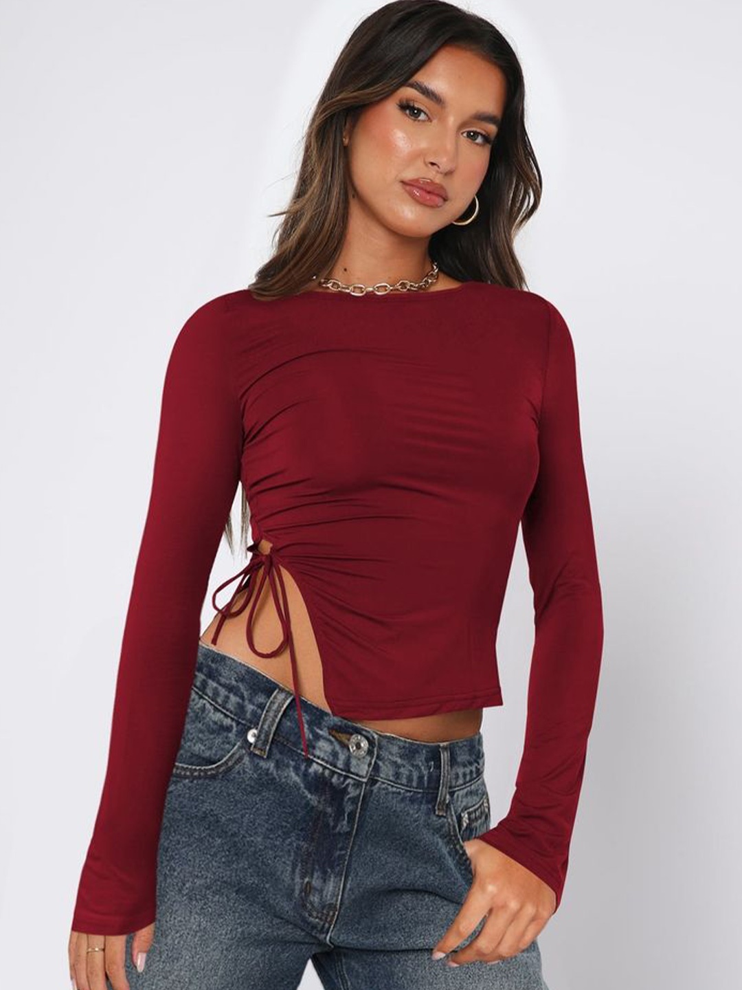 

LULU & SKY Women Solid Round Neck Long Sleeves Crop Fitted Top With Side Slit, Maroon