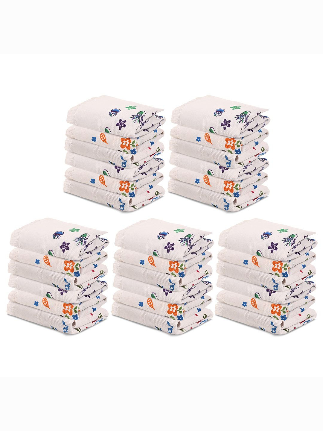 

Kuber Industries White 30 Pieces Floral Printed Cotton 210 GSM Face Towels