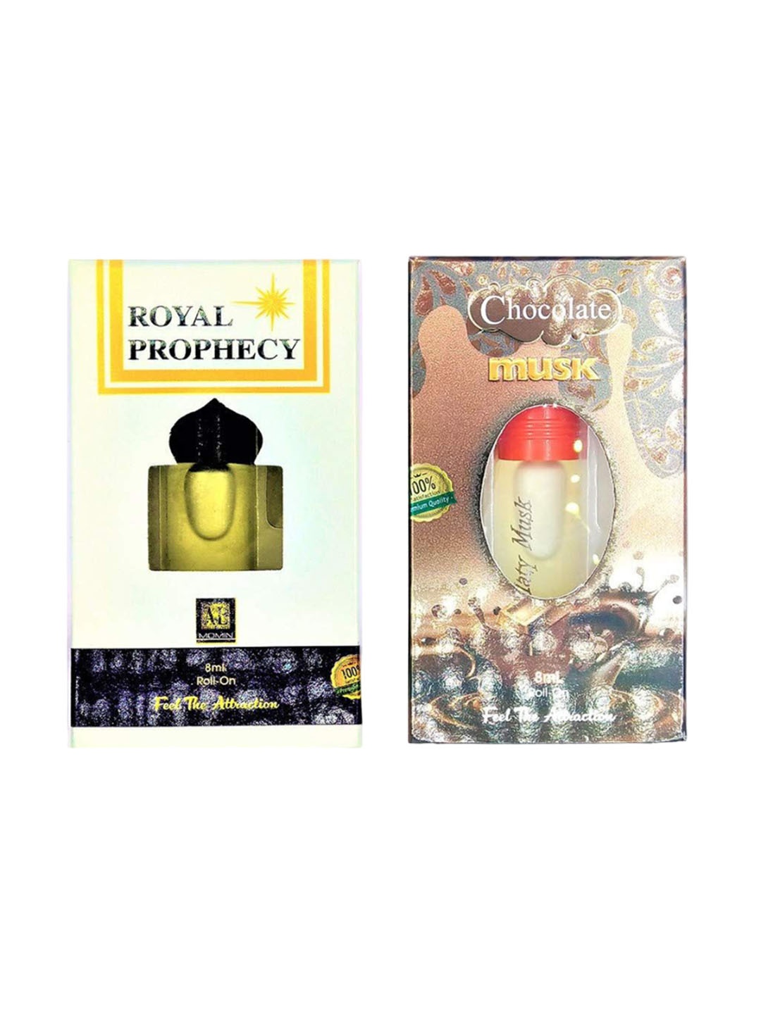 

RAVIOUR LIFESTYLE Feel The Attraction Set Of 2 Chocolate Musk & Royal Prophecy Attar- 8 ml, Transparent