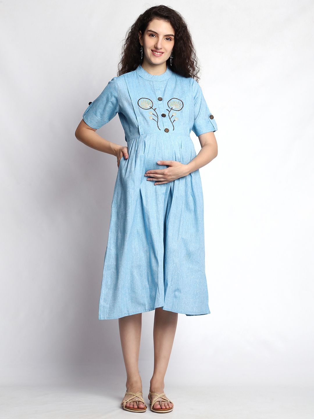 

GMI Women Abstract Embroidered Cotton Maternity A-Line Midi Dress, Blue