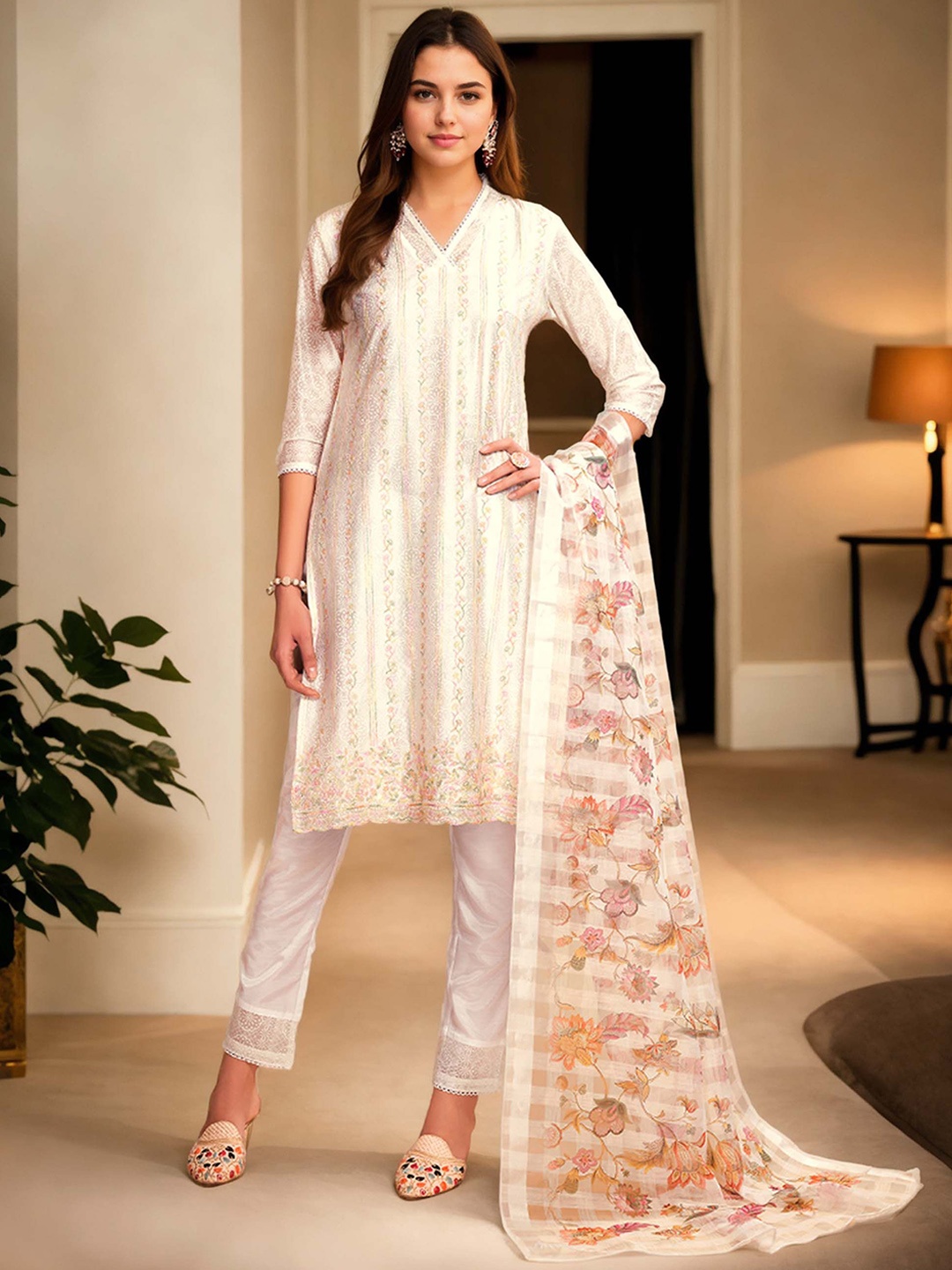 

Anouk Women Floral Embroidered Regular Sequinned Chanderi Cotton Kurta with Trousers & With Dupatta, White