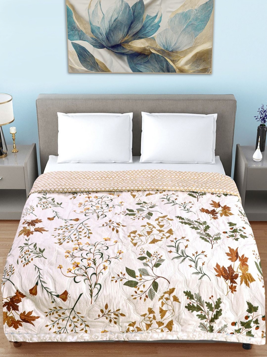 

FABINALIV Brown Floral Mild Winter 350 GSM Double Bed Quilted Reversible Comforter