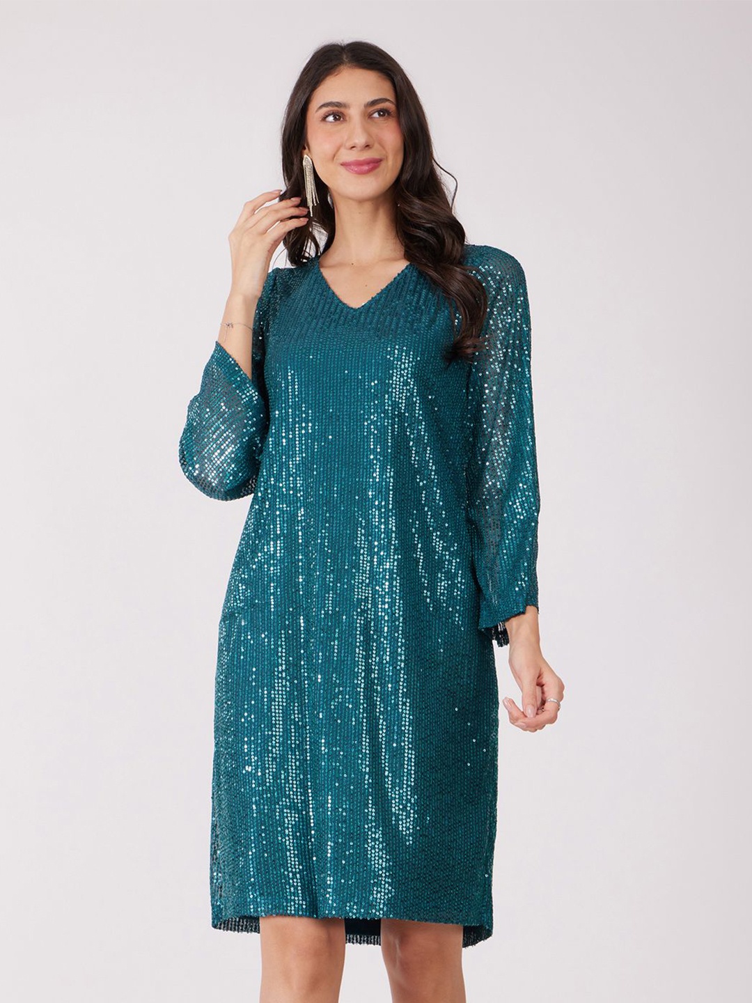 

FableStreet Women Net Embellished A-Line V-Neck Dress, Teal