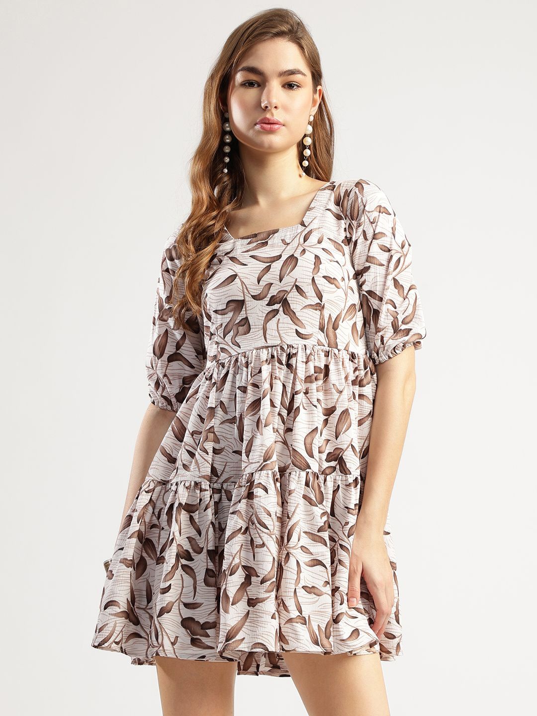 

T TRYON ULTIMATE Women Printed Tiered Fit & Flare Mini Dress, White