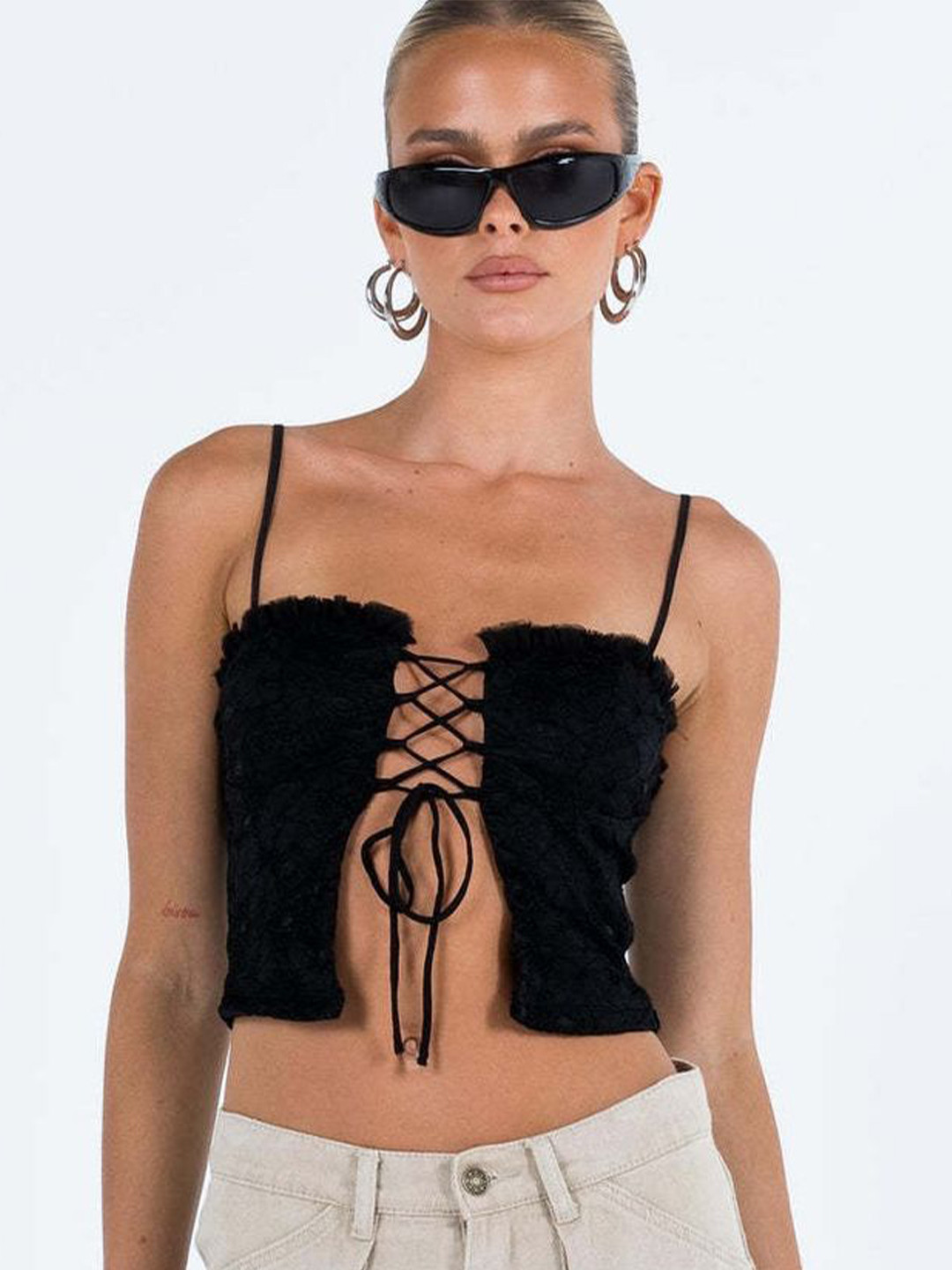 

LULU & SKY Women Shoulder Straps Lace-up Front Fitted Top, Black