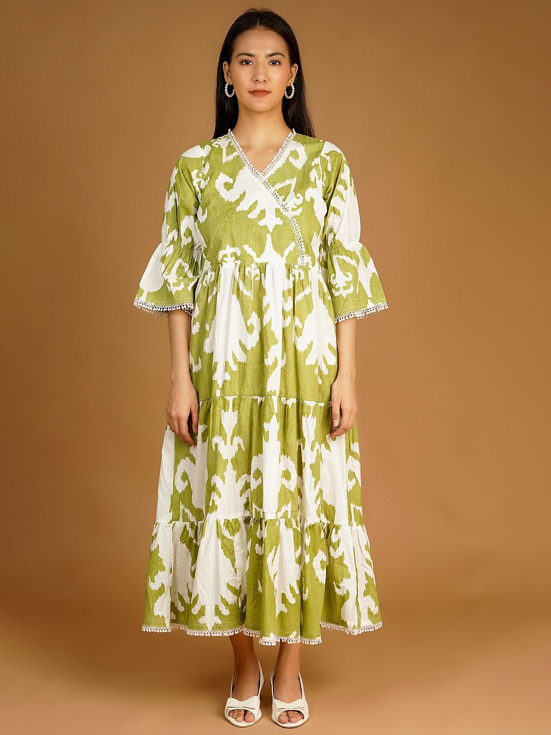 

INDOPHILIA Women Cotton V-Neck Floral Printed Bell Sleeve Maxi Dress, Green