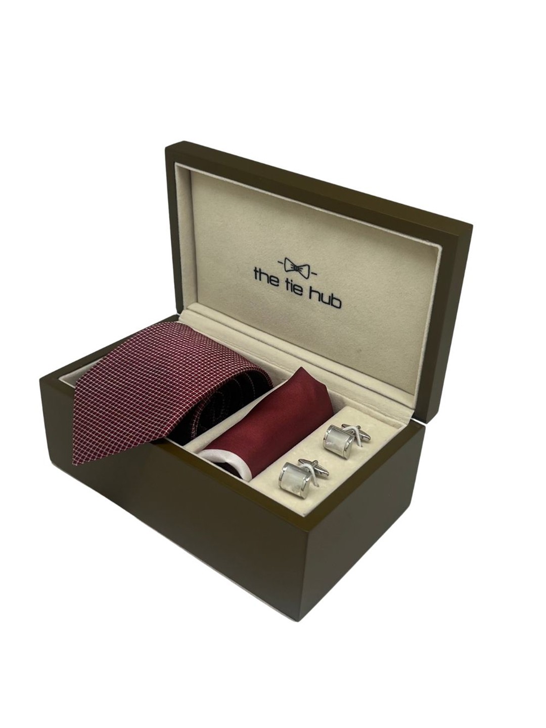 

The Tie Hub Men Silk Necktie, Brass Cufflinks & Silk Pocket Square Accessory Gift Set, Burgundy