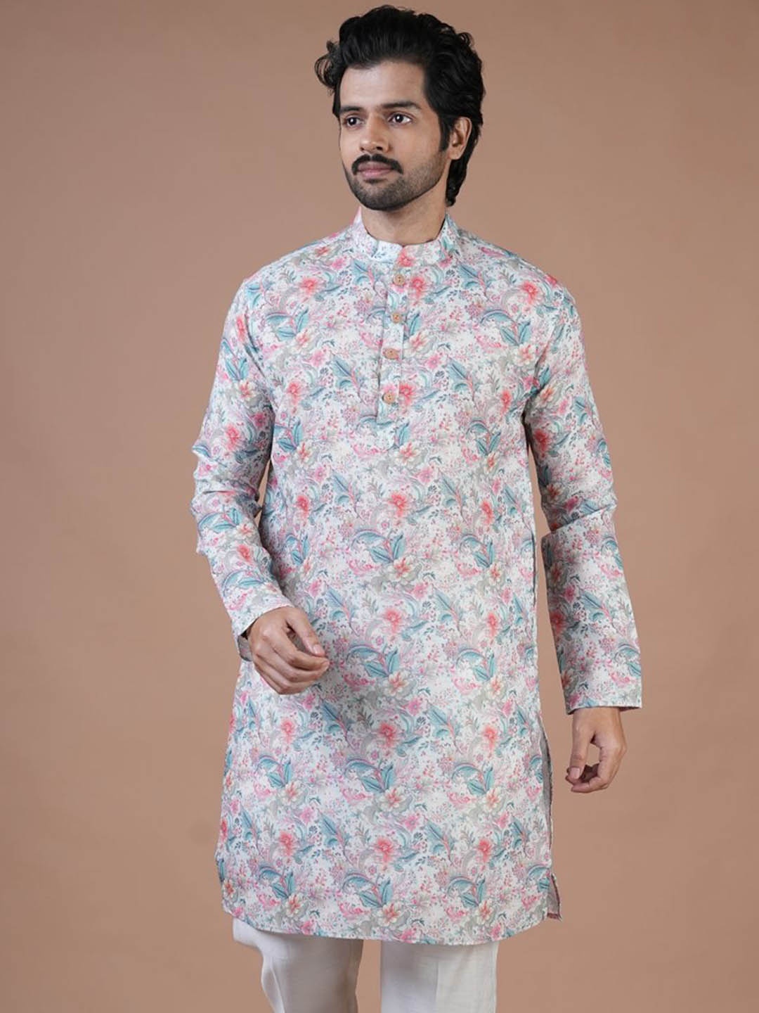 

ARYA Mandarin Collar Floral Woven Design Linen Straight Kurta, White
