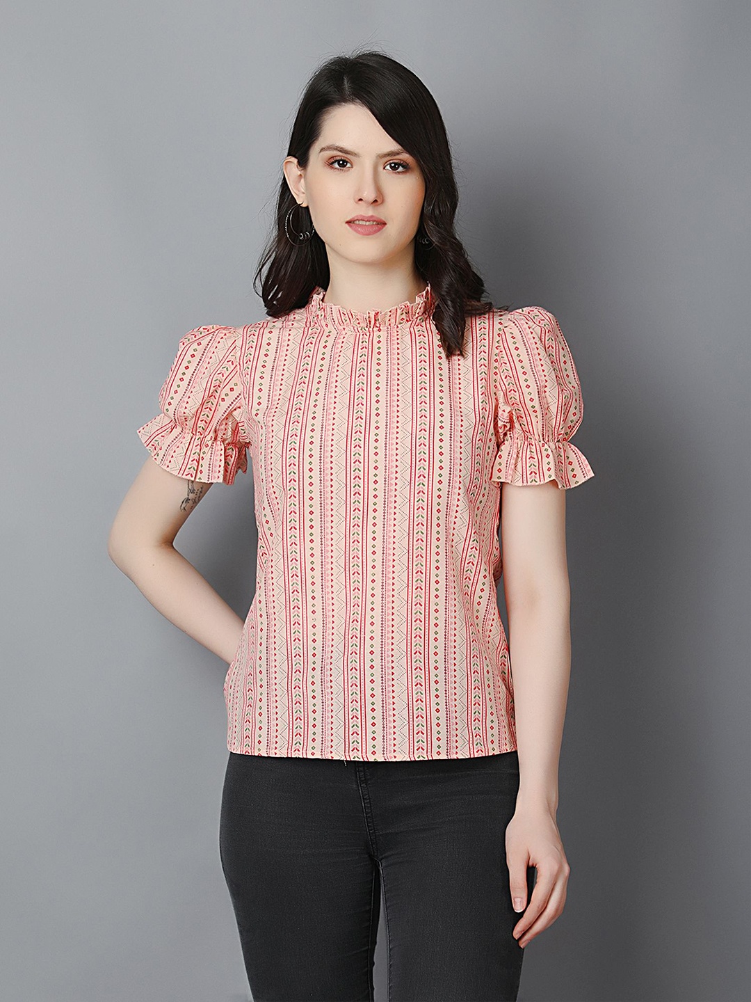 

Zuvino Printed Puff Sleeves Regular Top, Pink