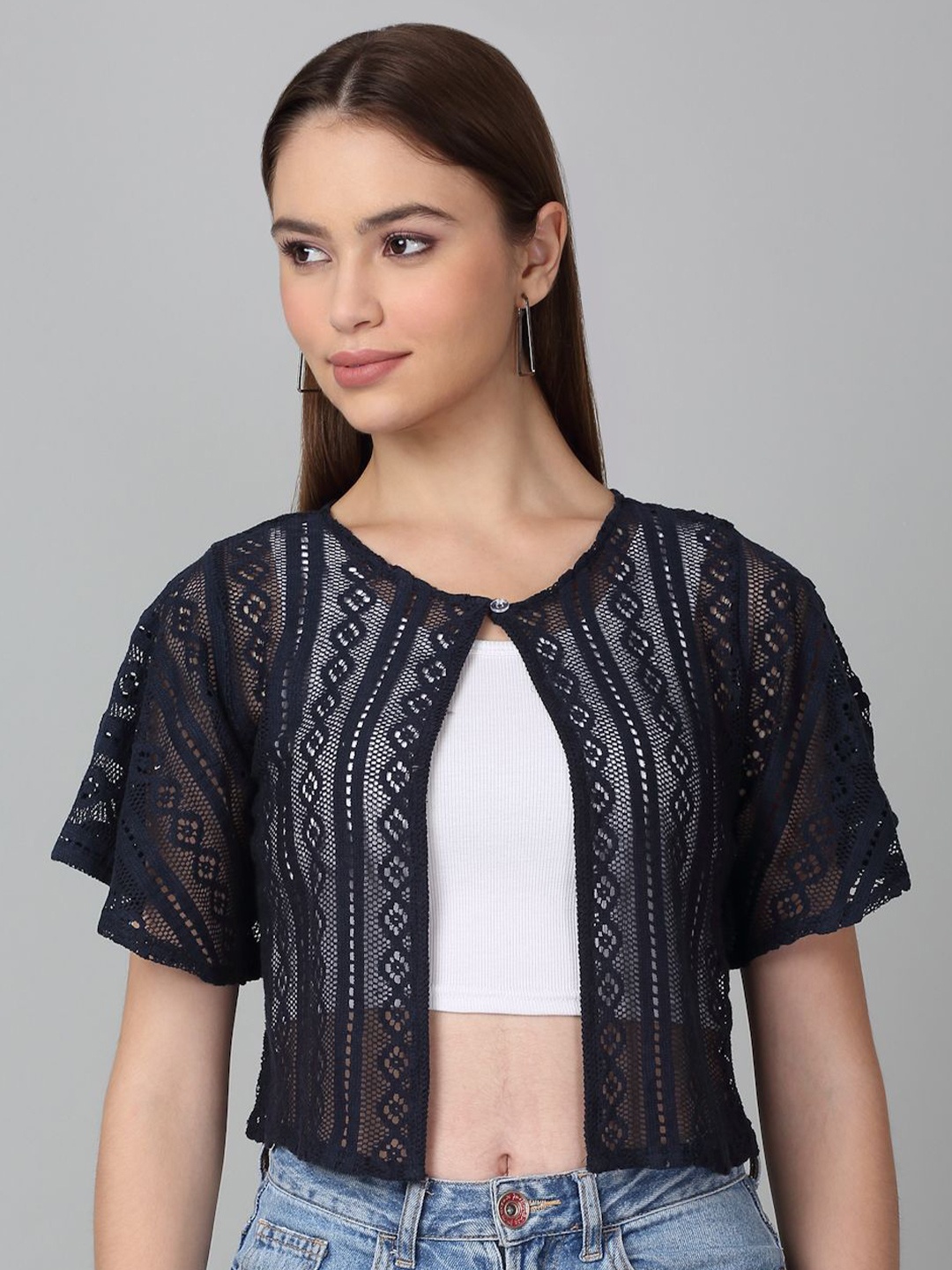 

Dressitude Self-Designed Flared Sleeves Button Closure Cotton Lace Shrug, Navy blue