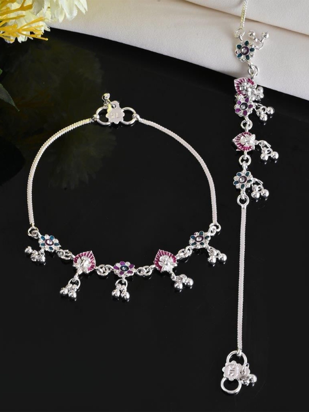 

VOJ Set Of 2 Silver-Plated Stainless Steel Artificial Stones Studded Anklets