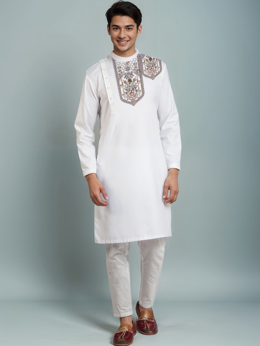 

DEVOILER Band Collar Ethnic Motifs Printed Straight Cotton Kurta, White