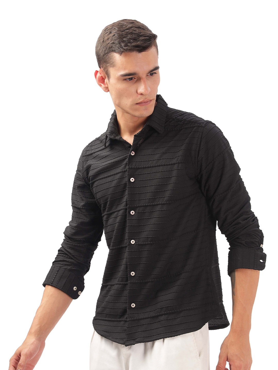 

ilyzly Men Standard Spread Collar Solid Cotton Casual Shirt, Black
