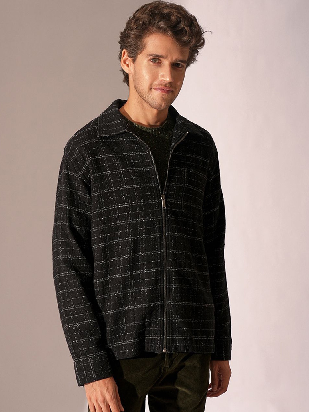 

SELECTED Men Spread Collar Checked Cotton Casual Shirt, Black