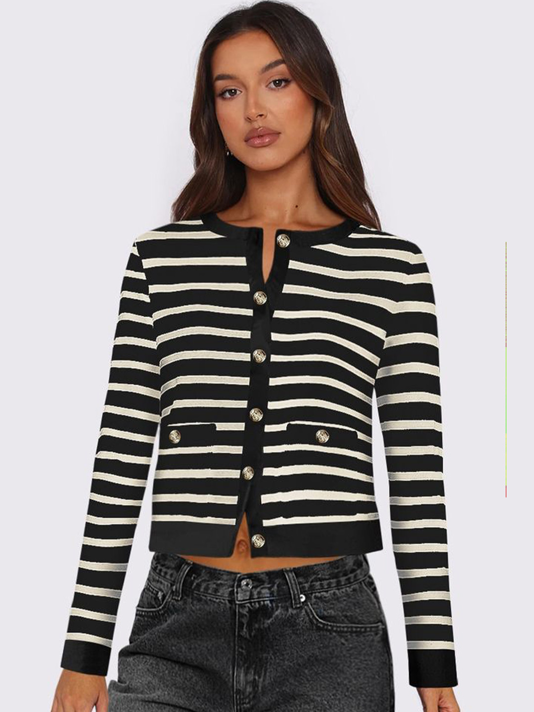 

LULU & SKY Women Round Neck Striped Cardigan Sweaters, Black
