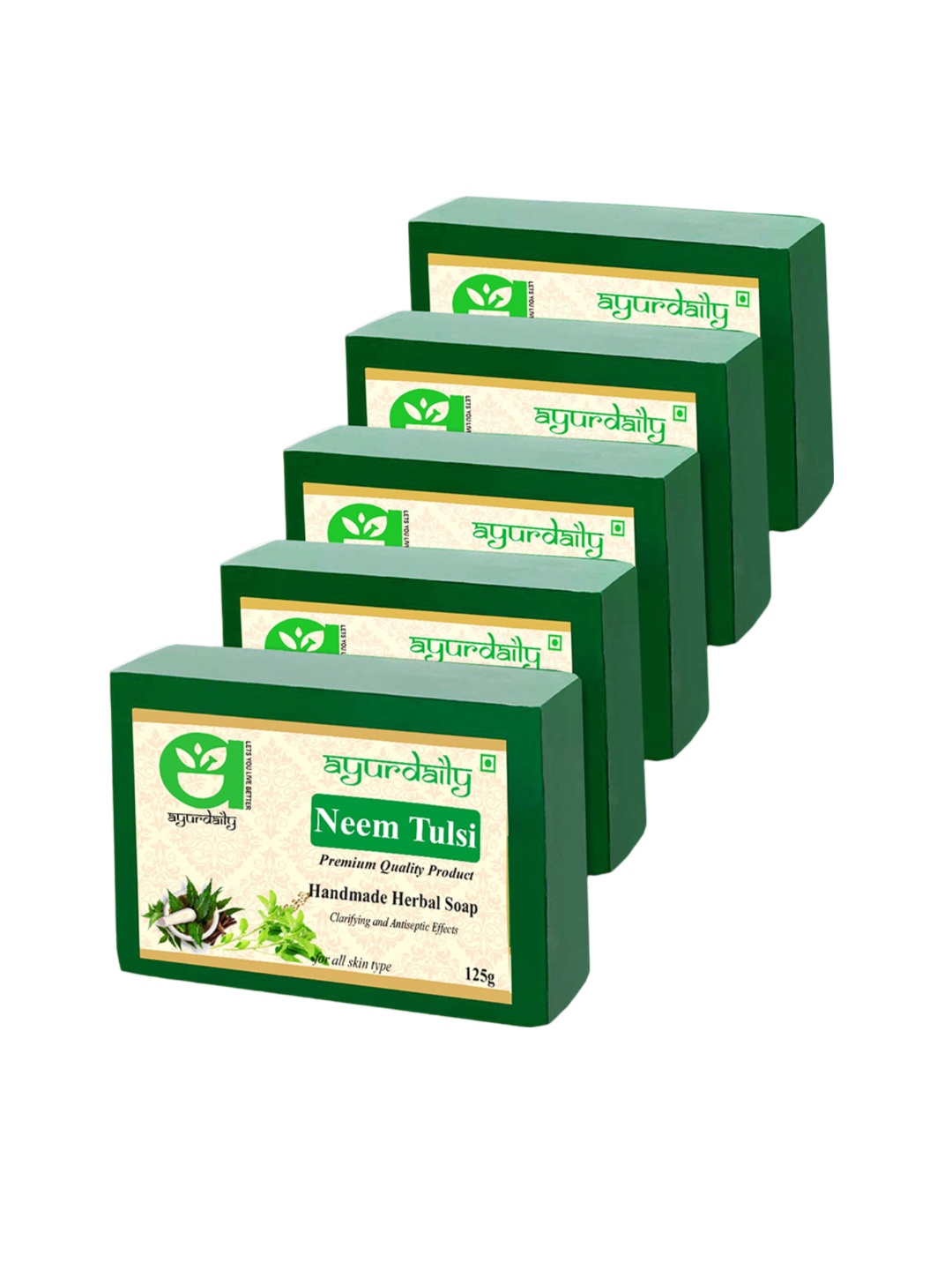 

Ayurdaily Set Of 5 Natural Neem & Tulsi Pure Glycerin Bath Soaps - 125 g Each, Green