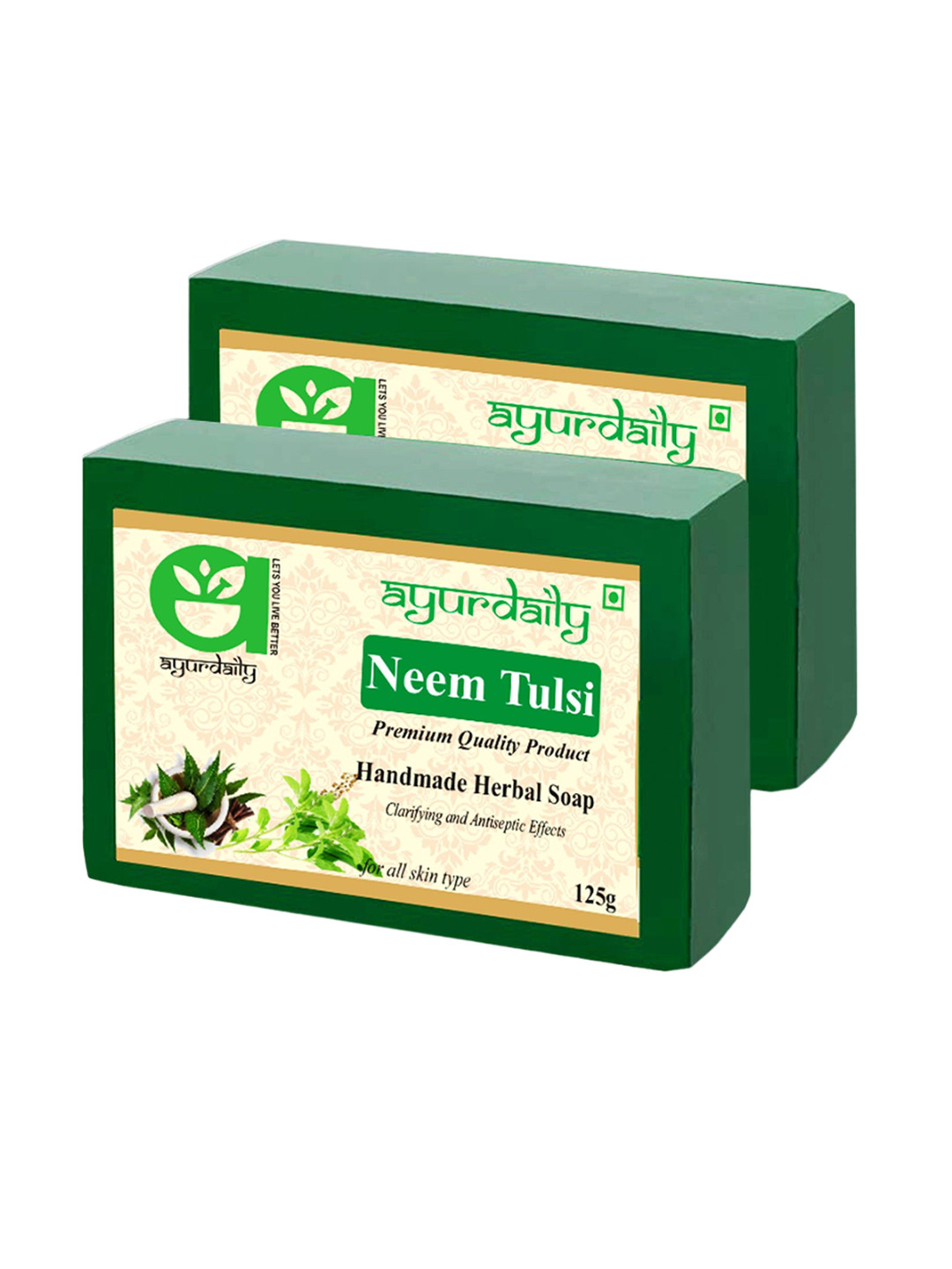 

Ayurdaily Set Of 2 Natural Neem & Tulsi Pure Glycerin Bath Soaps - 125 g Each, Green