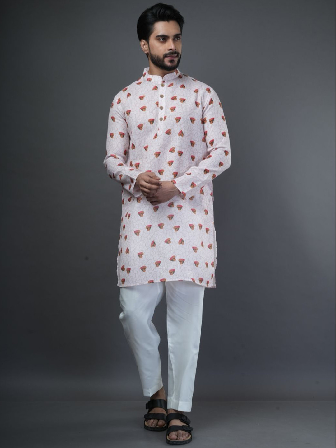 

ARYA Mandarin Collar Abstract Printed Linen Straight Kurta, White