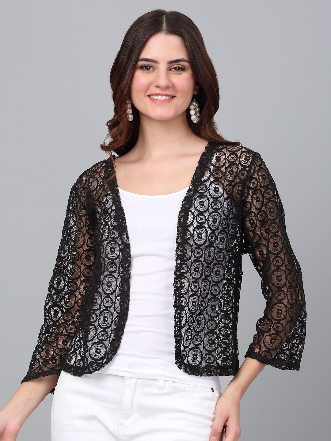 

Dressitude Self Design Cotton Open Front Shrug, Black