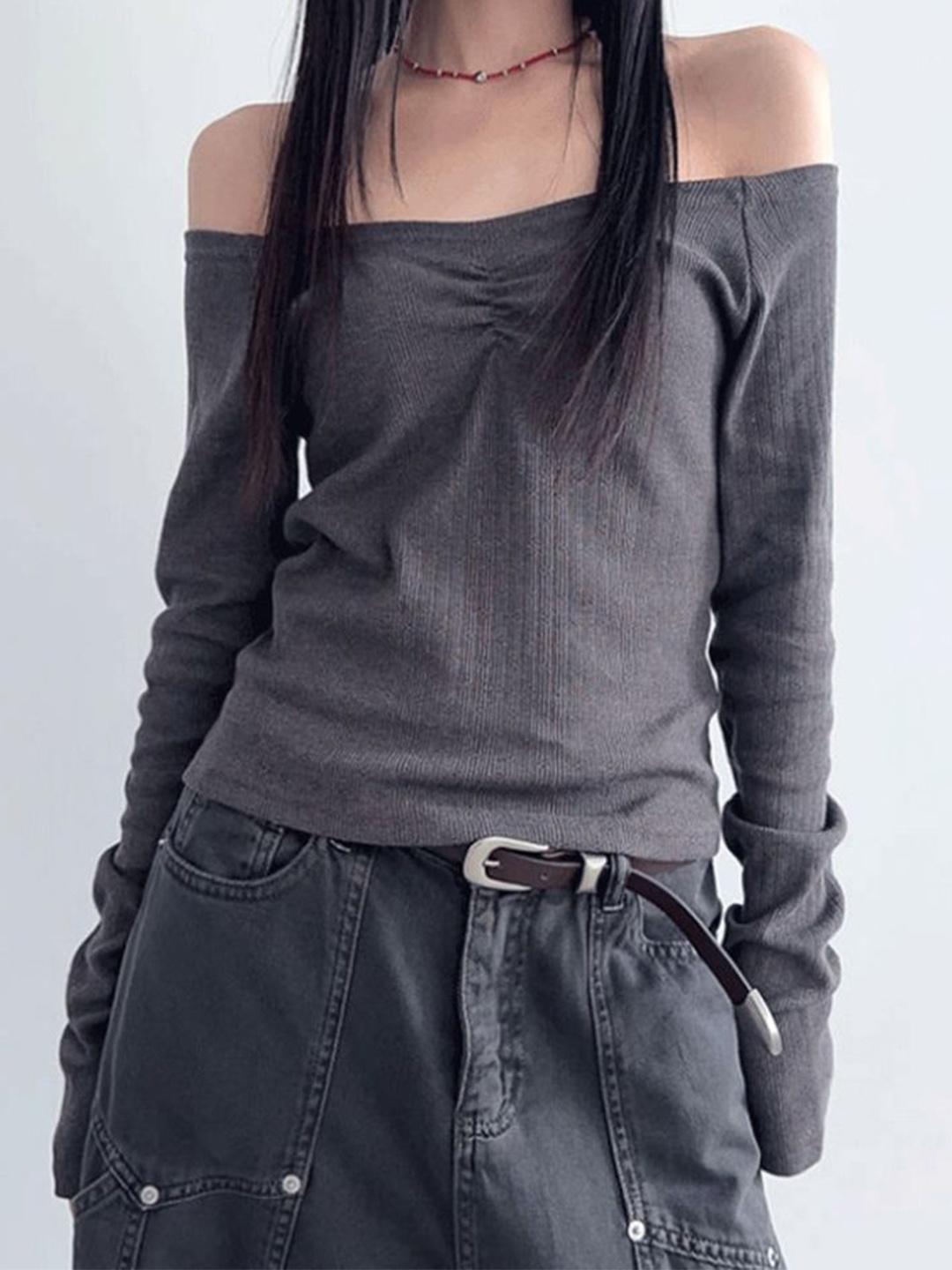 

LULU & SKY Women Off-Shoulder Bardot Top, Grey