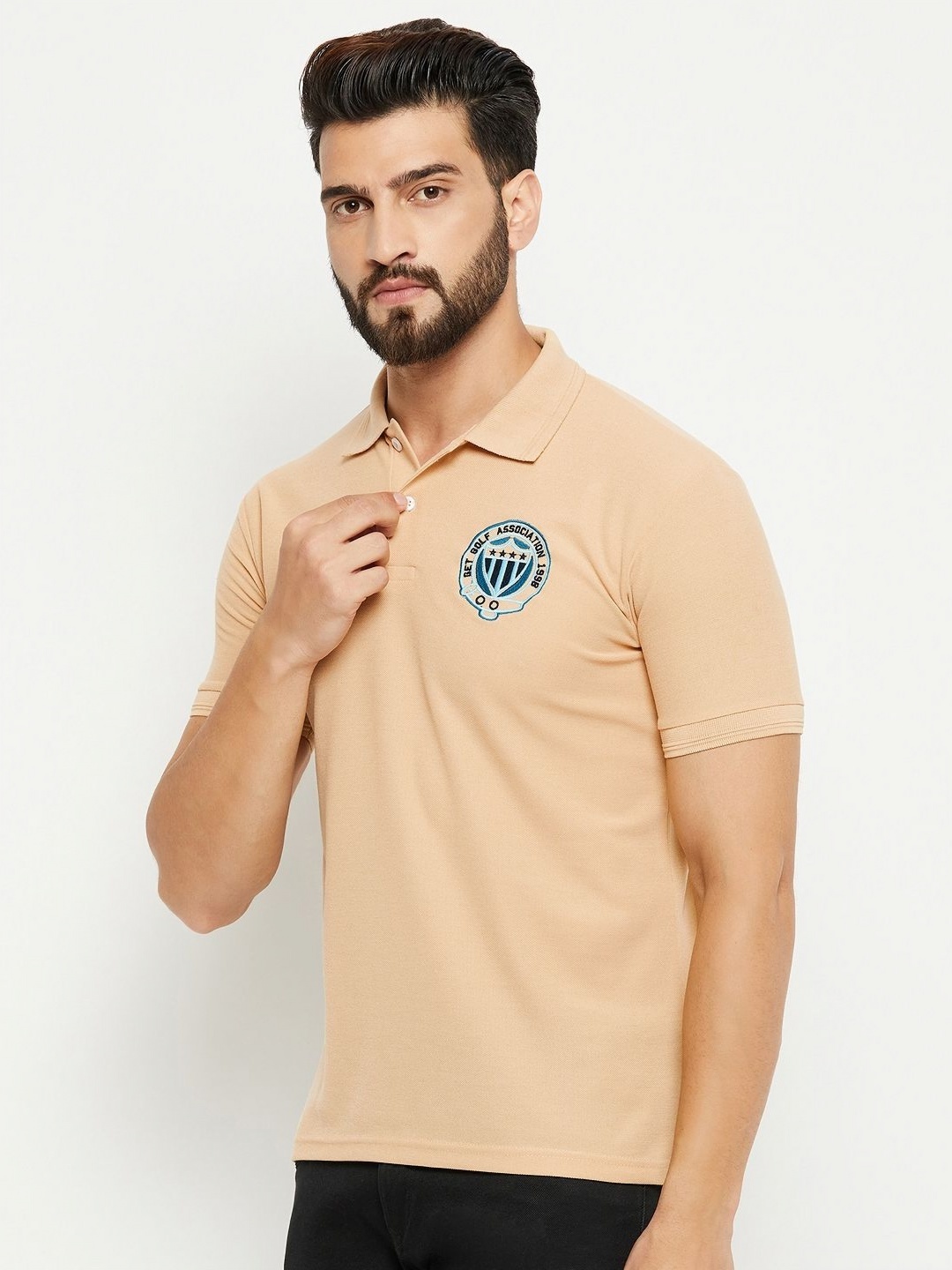 

GET GOLF Men Solid Polo Collar Cotton T-shirt, Beige