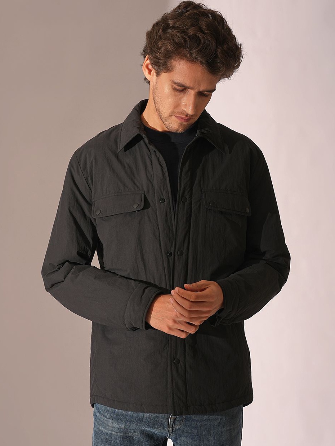 

SELECTED Men Spread Collar Solid Casual Bomber Jacket, Black