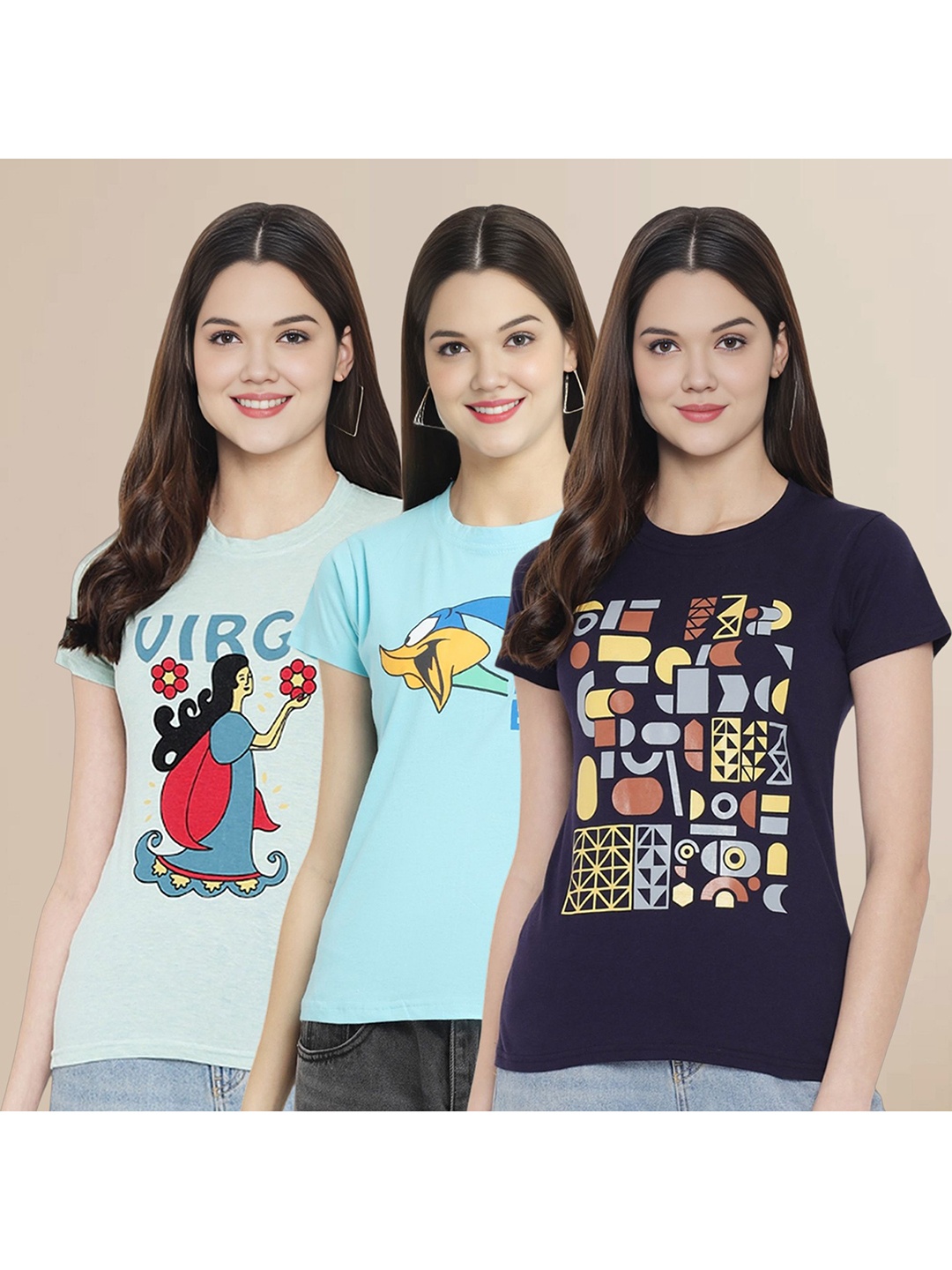 

Metronaut Women Pack Of 3 Typography Printed Round Neck Cotton Donald Duck T-shirts, Navy blue