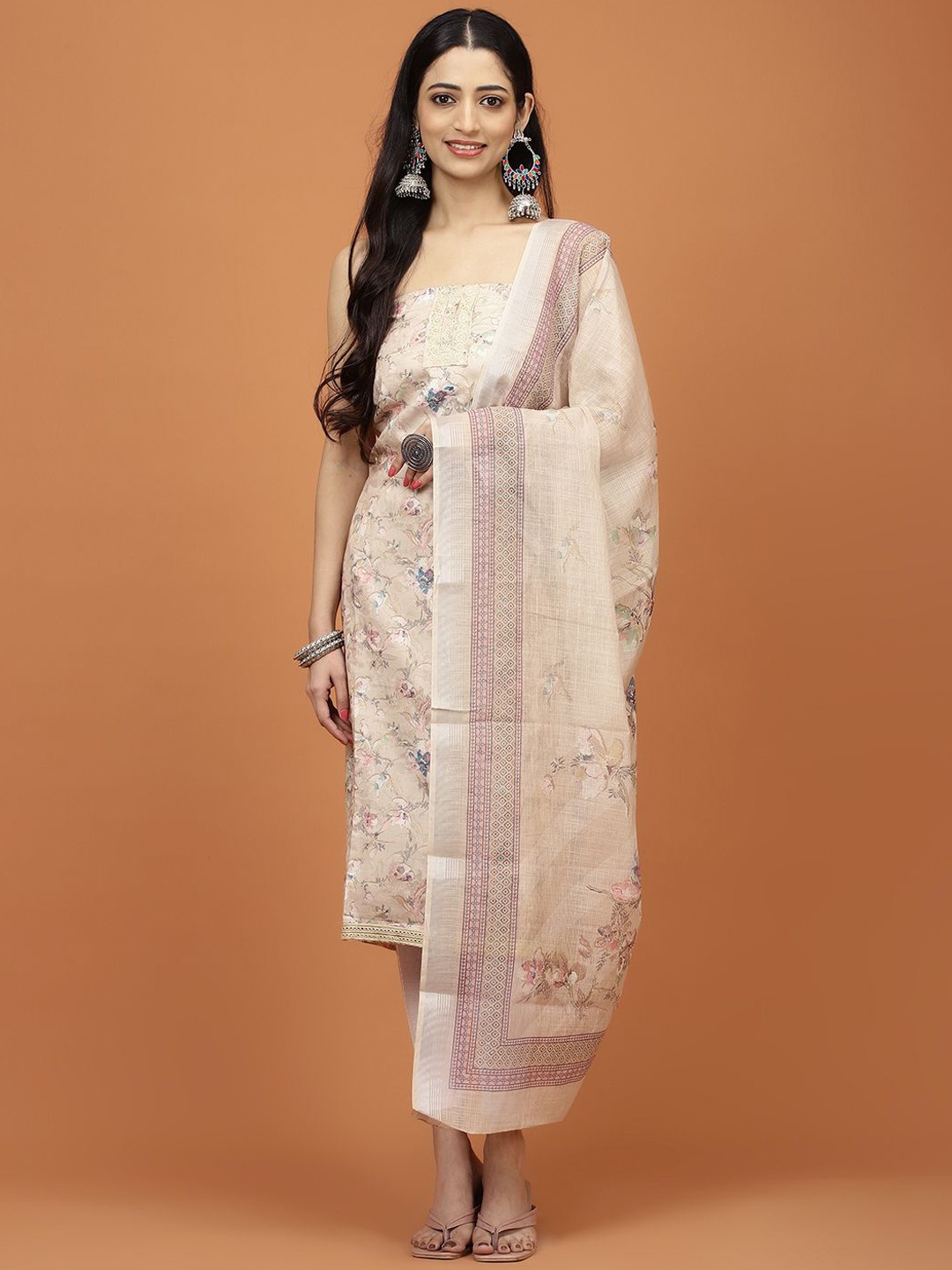 

Meena Bazaar Floral Printed Cotton Unstitched Dress Material, Beige