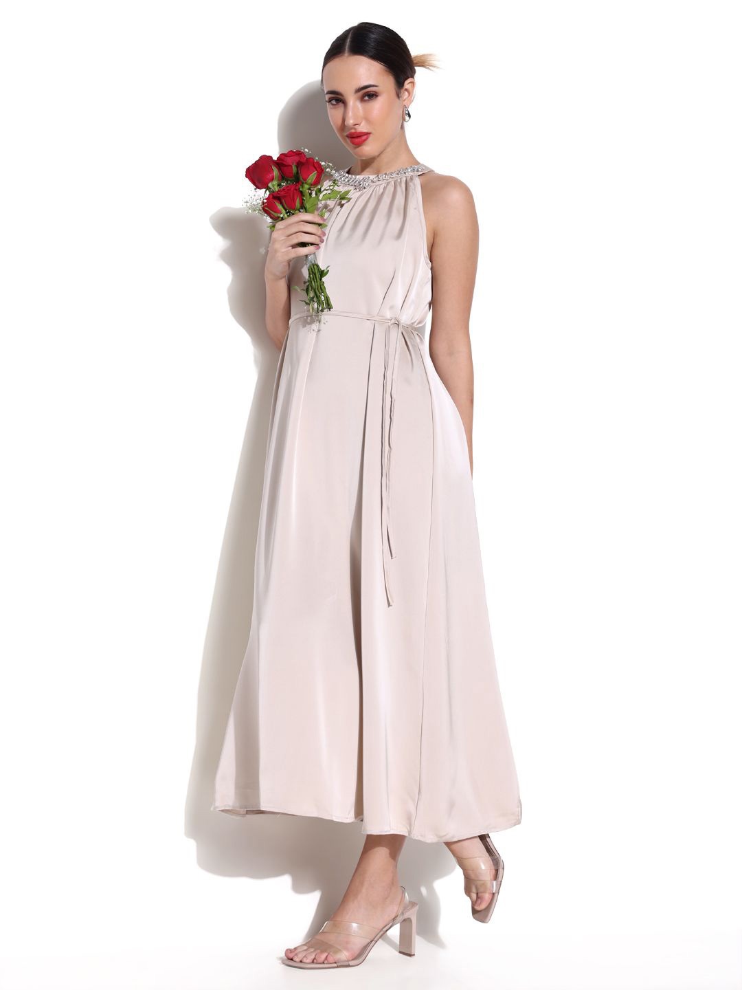 

SHOWOFF Women Halter Neck Satin Fit & Flare Dress, Cream