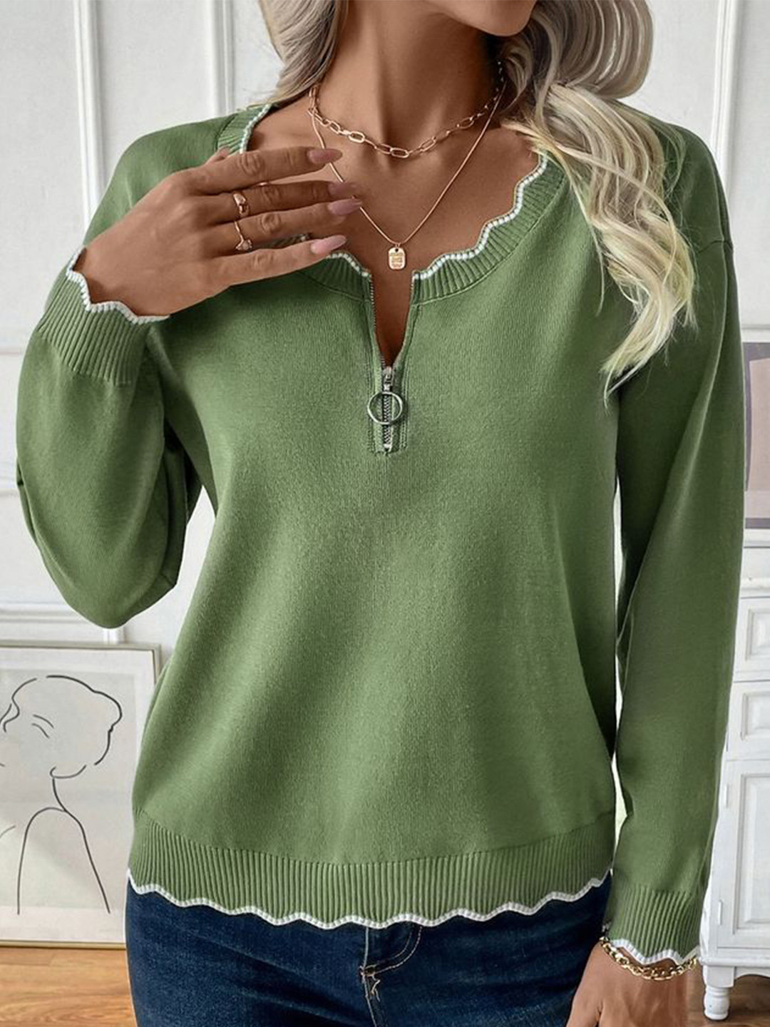 

LULU & SKY Women Pullover with Zip Detail, Green