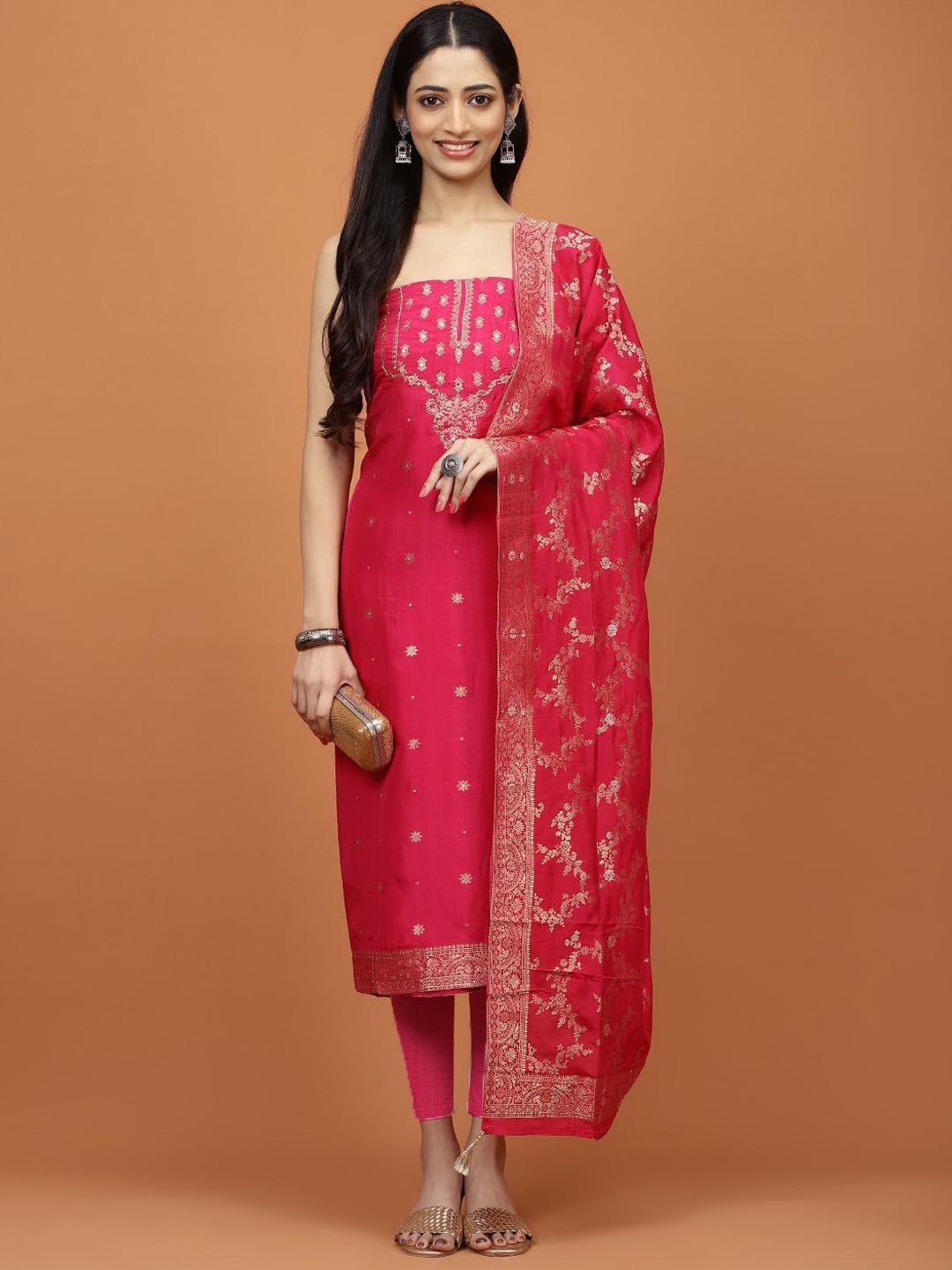 

Meena Bazaar Floral Woven Design Mirror Work Unstitched Dress Material, Pink
