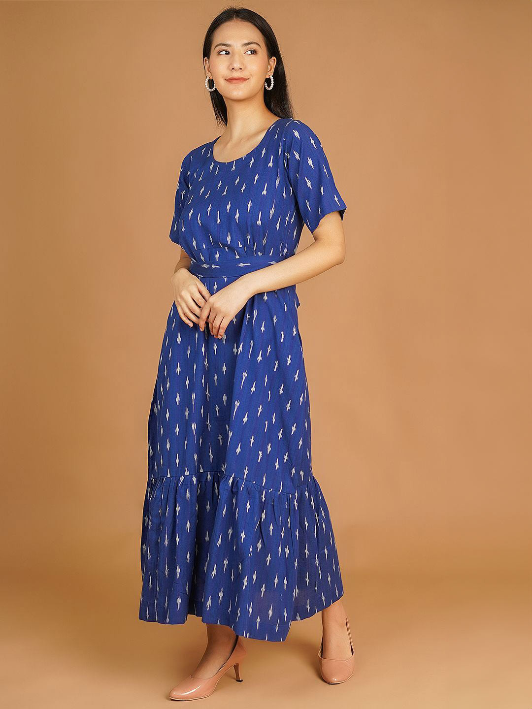

INDOPHILIA Women Cotton Printed Fit and Flare Maxi Dress, Blue