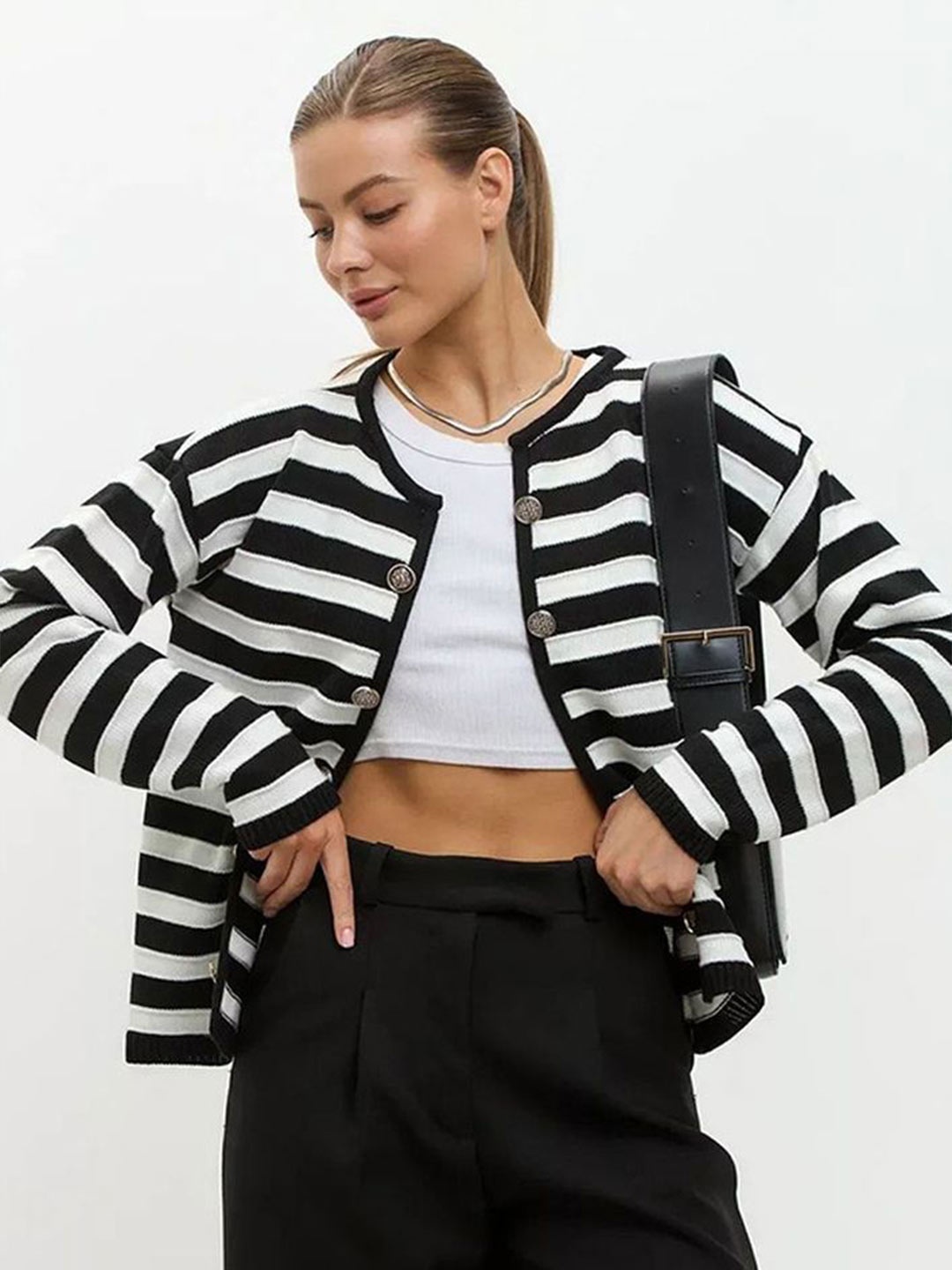 

LULU & SKY Women Round Neck Striped Cardigan, Black