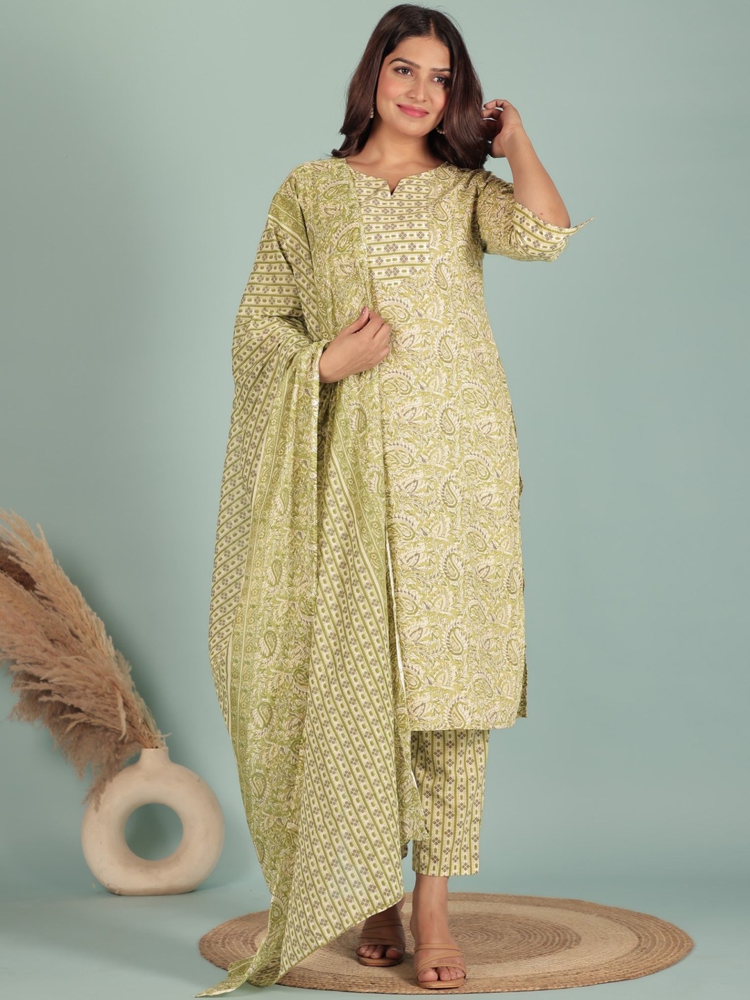 

Aramya Notch Neck Paisley Printed Pure Cotton Straight Kurta with Trouser & Dupatta, Green