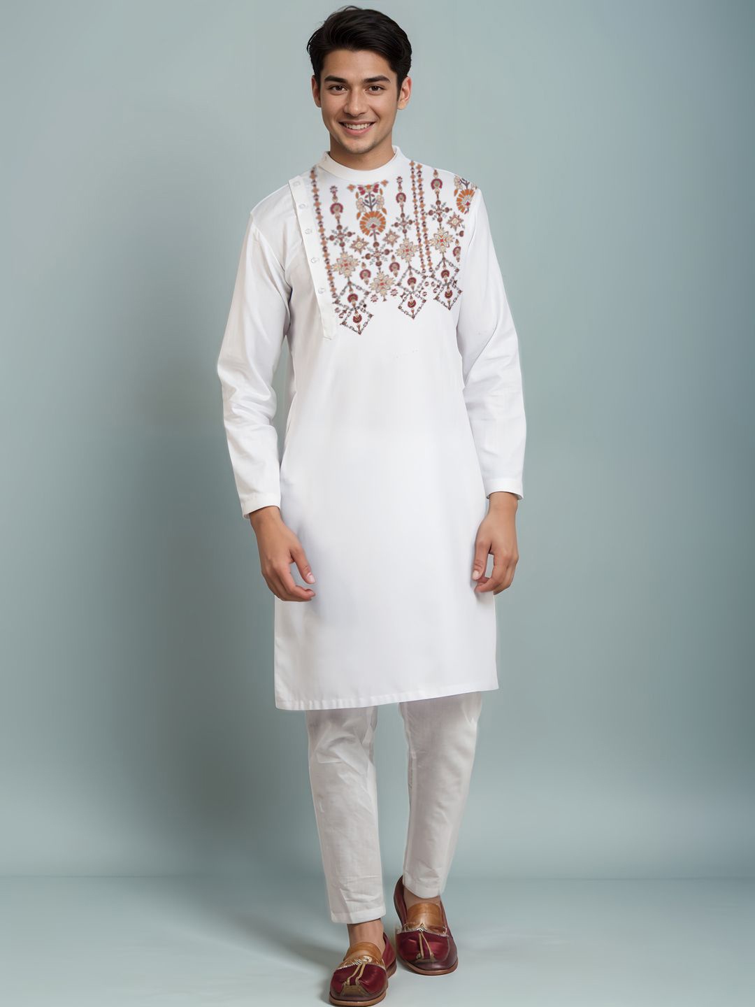 

DEVOILER Floral Printed Mandarin Collar Cotton Straight Kurta, White