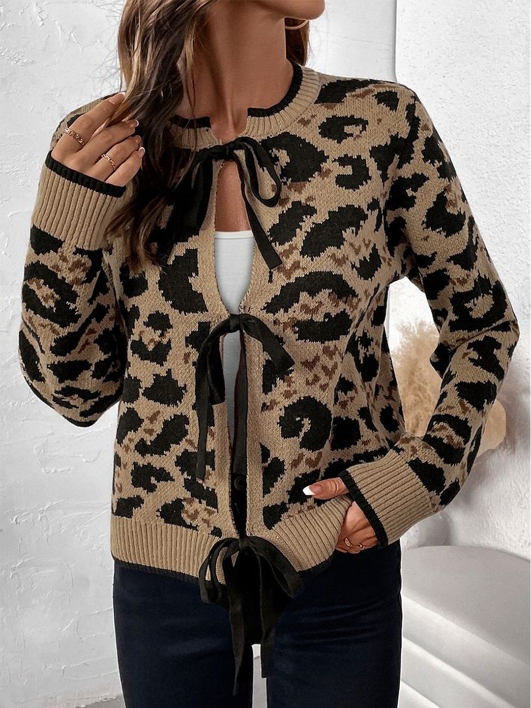 

LULU & SKY Women Abstract Self Design Tie-Up Round Neck Long Sleeves Pullover Sweaters, Coffee brown