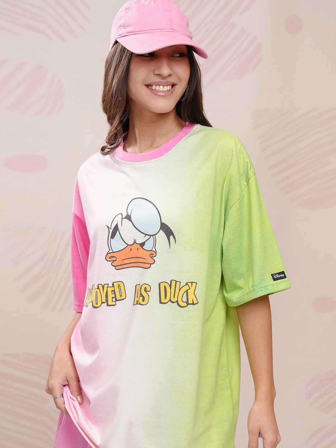 

Tokyo Talkies Women Graphic Printed Round Neck Oversized Donald Duck Tshirt, Pink
