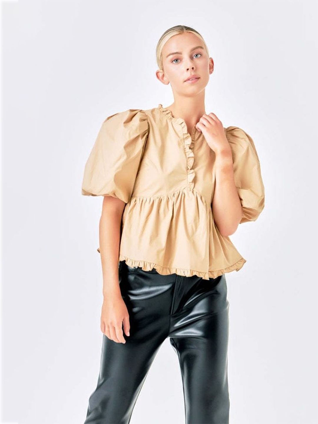 

LULU & SKY Mandarin Collar Puff Sleeve A-Line Top, Khaki