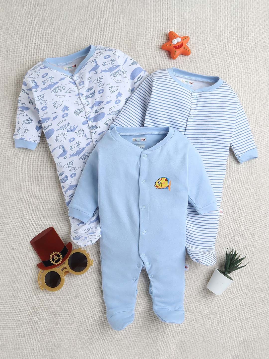 

BUMZEE Boys Pack of 3 Printed Cotton Sleepsuit, Blue