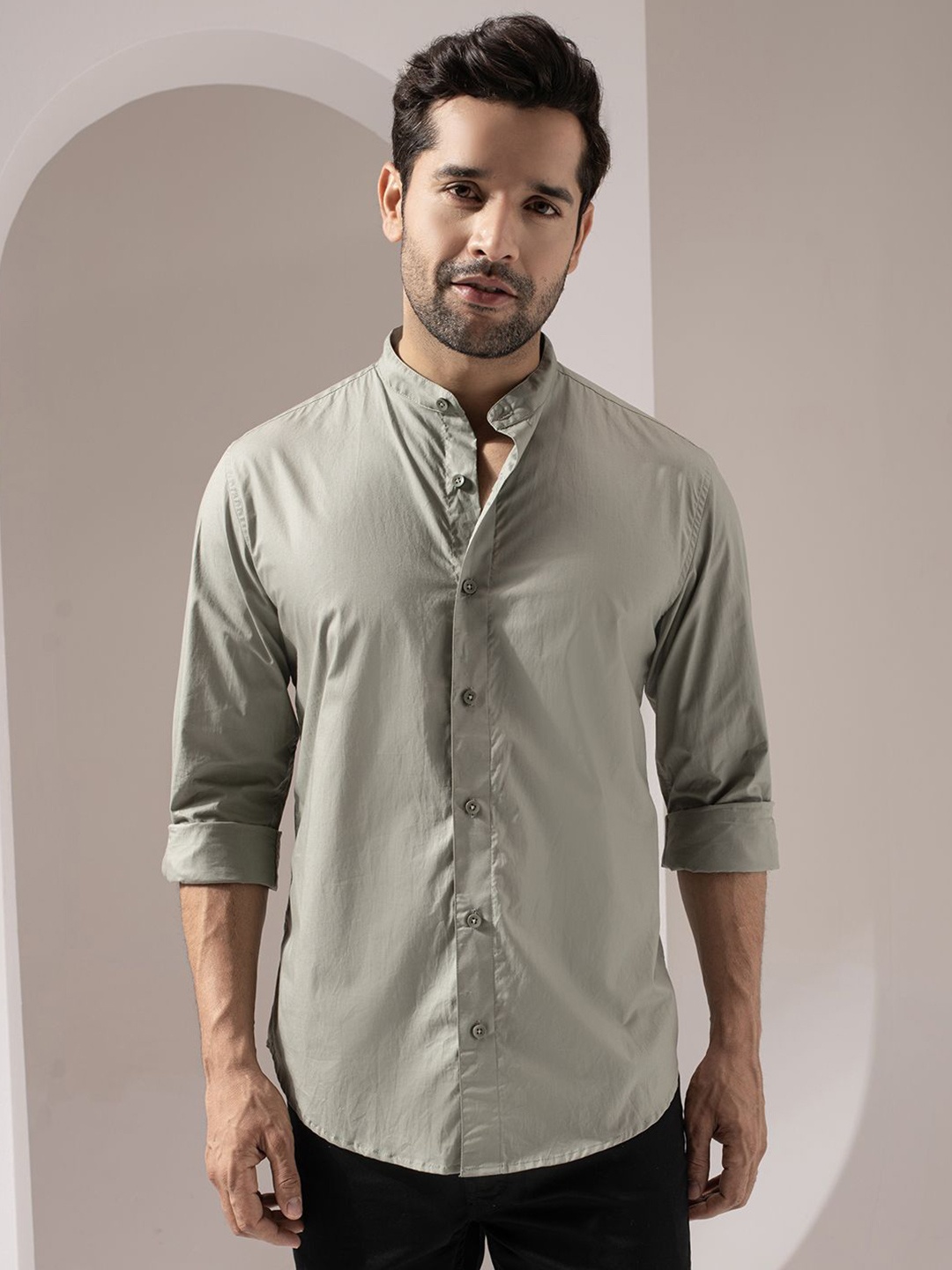 

Perch Men Pastel Pista Green Band Collar Solid Cotton Shirt