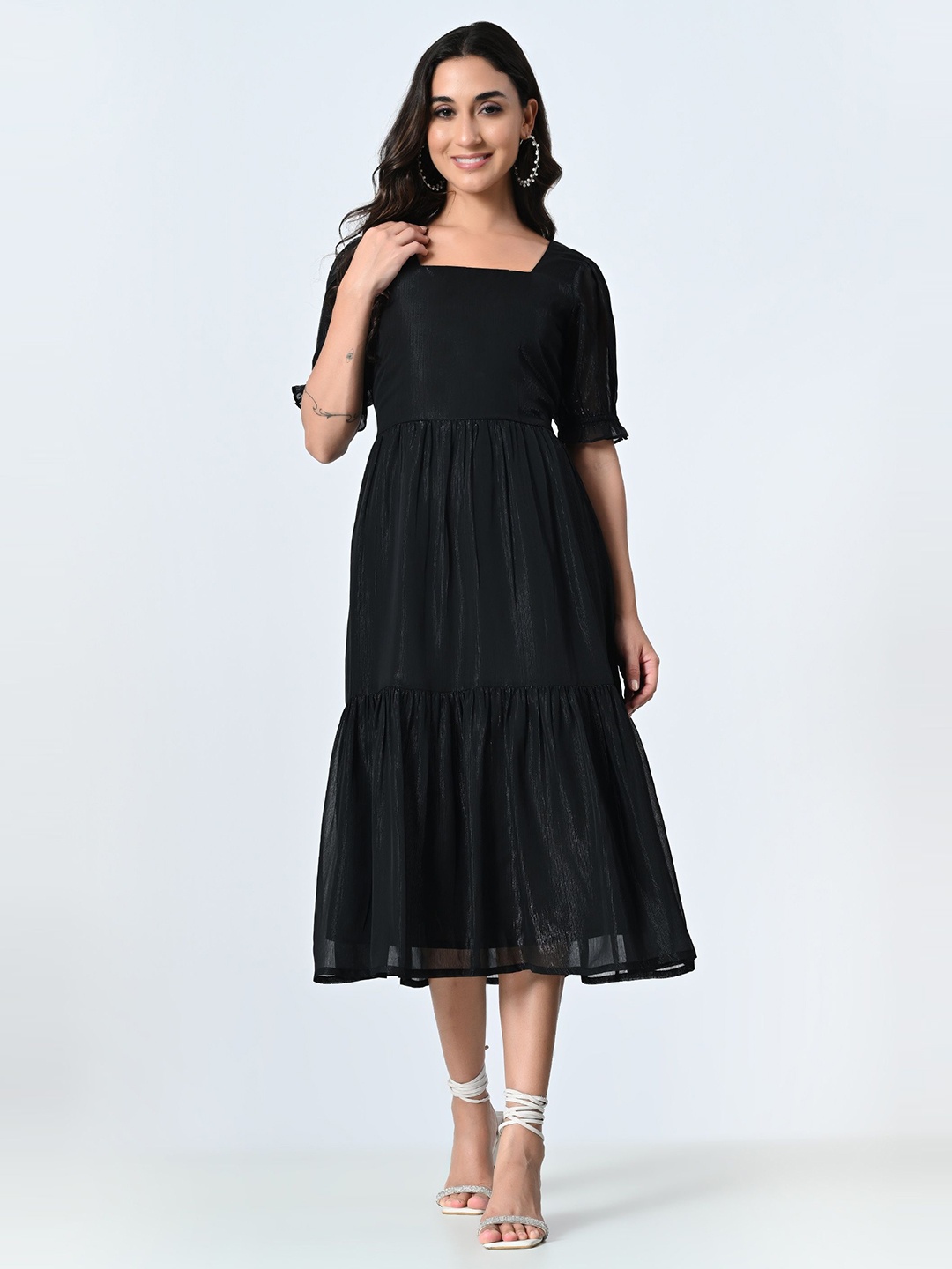 

BAESD Women Puff Sleeve A-Line Midi Dress, Black